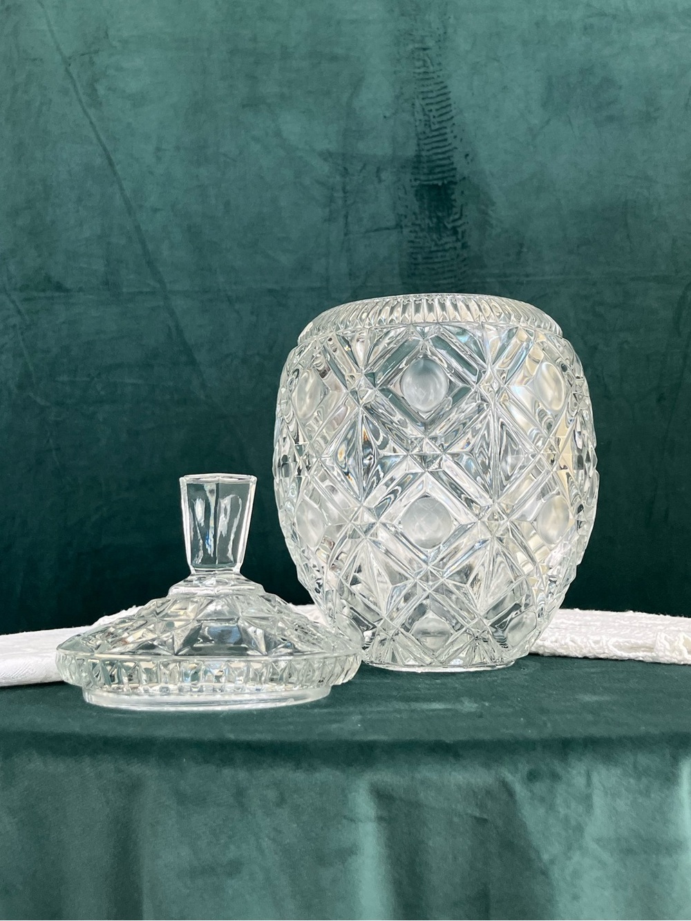 Vintage Cut Crystal Clear Leaded Glass Large Lidded Cookie Jar